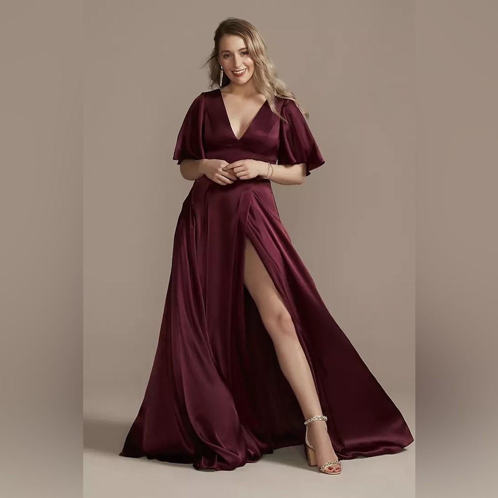 Charmeuse Flutter-Sleeve A-Line Wine Burgundy Dress